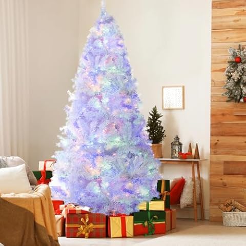 White Artificial Christmas Tree Pre-lit 7.5FT with 1600 PVC Branch Tips, 600 Multicolor & Warm Lights & 9 Modes, Seasonal Holiday Party Decorations with Sturdy Metal Stand Cover