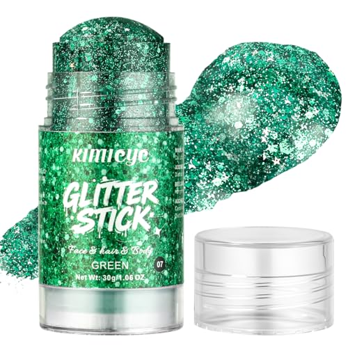 Green Hair Face Body Glitter Stick for St. Patrick's Day Sparkling Makeup, Holographic Chunky Glitters Stick for March 17th Saint Patrick's Day Mardi Gras Outfit Rave Accessories, 1.06 oz, #7
