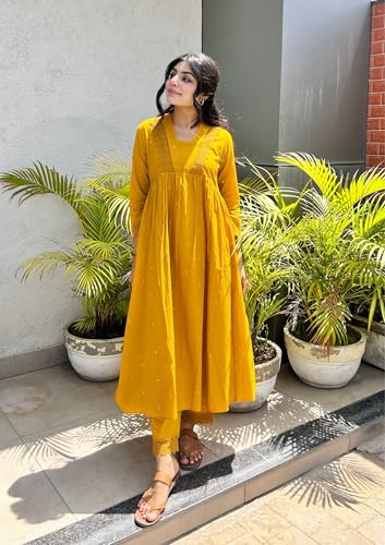 Image of MOKOSH Women's Cotton Kurta with Pant | Kurta Set | V Neck 3 /4 Sleeve Ethnic Suit | 2 Piece Outfit | Indian Kurta Outfit With Pant