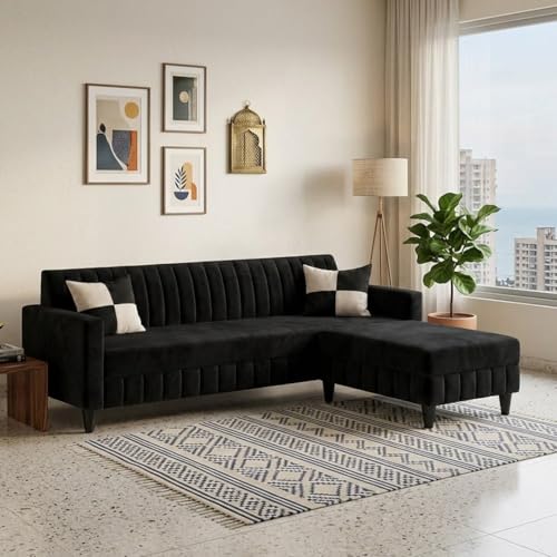 Image of FURNY Gracina 4 Seater L Shape Sofa Set with Movable Ottoman | Flexible Left or Right Layout | Plush Velvet Fabric (Black) | Perfect for Living Room, Guest Room & Office