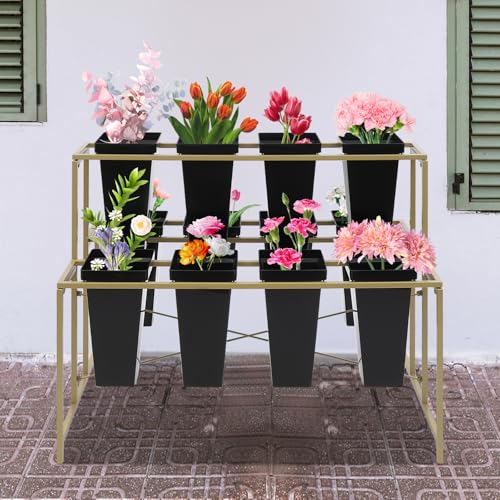 Présentoir à fleurs avec 12 seaux pour ranger et déplacer facilement vos plantes