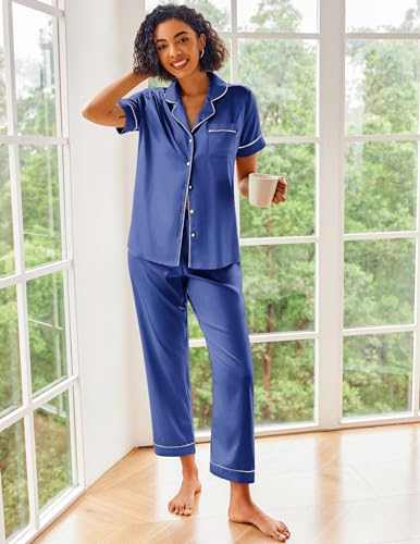 Image of Ekouaer 2 Piece Satin Short Sleeve Pajamas Set Button Down Sleepwear | Soft Pjs Set Classic Loungewear for Wedding, Party, Home, Daily Wear, Date Nights