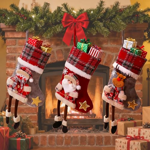 FINEVERNEK 3PCS Meias de Natal, Sacos de Presente de Natal, Calcetins de Natal para a Chaminé, Botas de Pai Natal para Encher, Decoração de Natal Decoração de Temporada