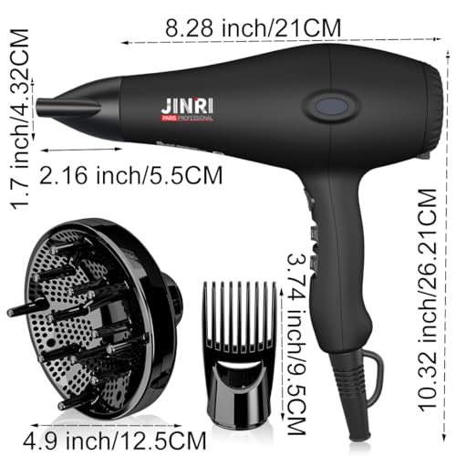 Blow Dryer - JINRI 1875W Diffuser Hair Dryer for Salon & Personal Use Powerful, Fast Drying with Diffuser and Comb & Nozzle for Women & Men, ALCI Safety Plug, Black - image 2