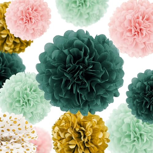 Image of AOBKIAT Wedding Birthday Party Decorations Set,15PCS | Sage Green Pink Tissue Paper PomPoms,Garland String Hanging Backdrop for Baby Shower, Boho Bridal Wedding Theme Decor