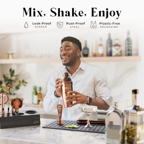 Bare Mixology Barkeeper-Set, Bar-Set, 14-teiliges Martini-Cocktail-Shaker-Set, professionelle Barzubehör-Mischwerkzeuge für die Hausbar, Bambusständer und Rezeptkarten-Set (Kupfer)