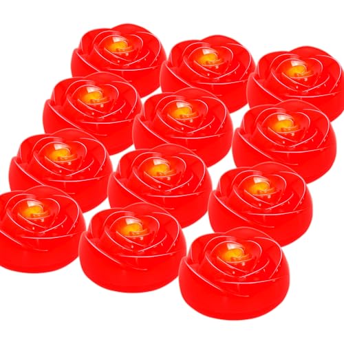 Image of Aignis 12pcs Flameless LED Floating Candles, Red Rose Plastic Tealights Battery Operated, 120+ Hours Glow Time, Cozy Light for Romantic Pool /Bathtub /Hot Bath /Wedding Centerpiece Decor(D2.83 * H1.42)