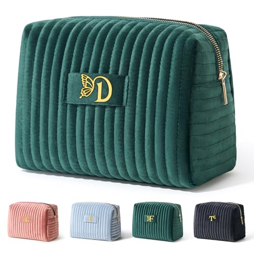 Image of COSHAYSOO Travel Makeup Bag Quilted Make Up Pouch Initial Velvet Cosmetic Case with Butterfly Decorations for Women Birthday Party Favor Supplies Cool Popular Easter Valentines Gifts Green Letter D