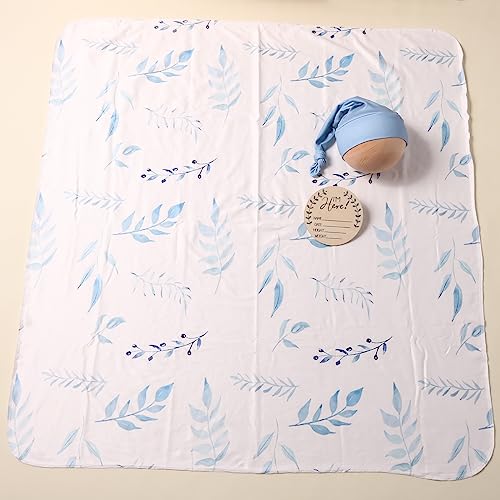 Image of Ylsteed Baby Swaddle Blanket and Headband Set, Newborn Receiving Blanket Swaddle Wrap for Girls and Boys, Swaddling Blankets Neutral for Newborn, Soft and Skin-Friendly 32 * 32 inches (Blue Leaves)