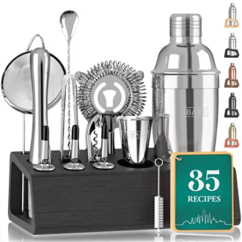 Premium Mixology Bartender Kit Bar Set | 14-Piece Martini Cocktail Shaker Set | Professional Barware Mixing Tools for Home Bartending | Bamboo Stand & Recipes | Gift Set for Him & Her (Silver Black)
