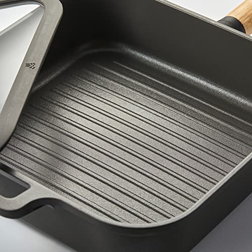 Dr.hows Bosque Nonstick Square Grill Pan 10 Inch With Lid - Grilling, Frying, Sauteing Meats, Fish, Vegetables Heavy-Duty Cooking - Oakwood Handle, All Stoves And Induction #TOP1