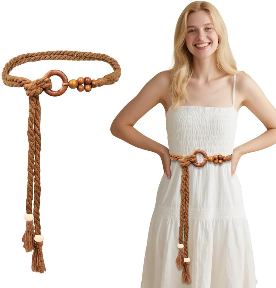 Women Tassel Braided Waist Belt Boho Thin Belts Skinny Woven Belt With Wooden Beads For Dresses Skirts Tunics