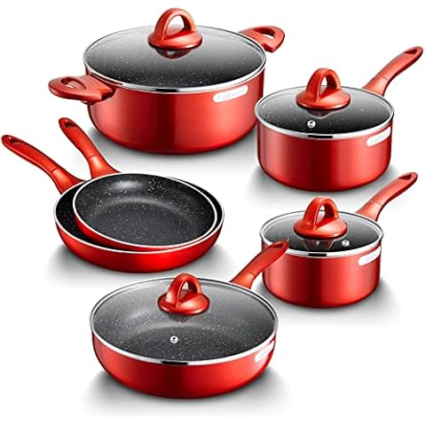 Fadware Induction Pots and Pans Set, 10 Piece Non Stick Cookware Set, Stay Cool Handles, PFOA-Free Cooking Pots with 4 Lids, Kitchen Saucepan & Frying Pan Sets, Red Cover
