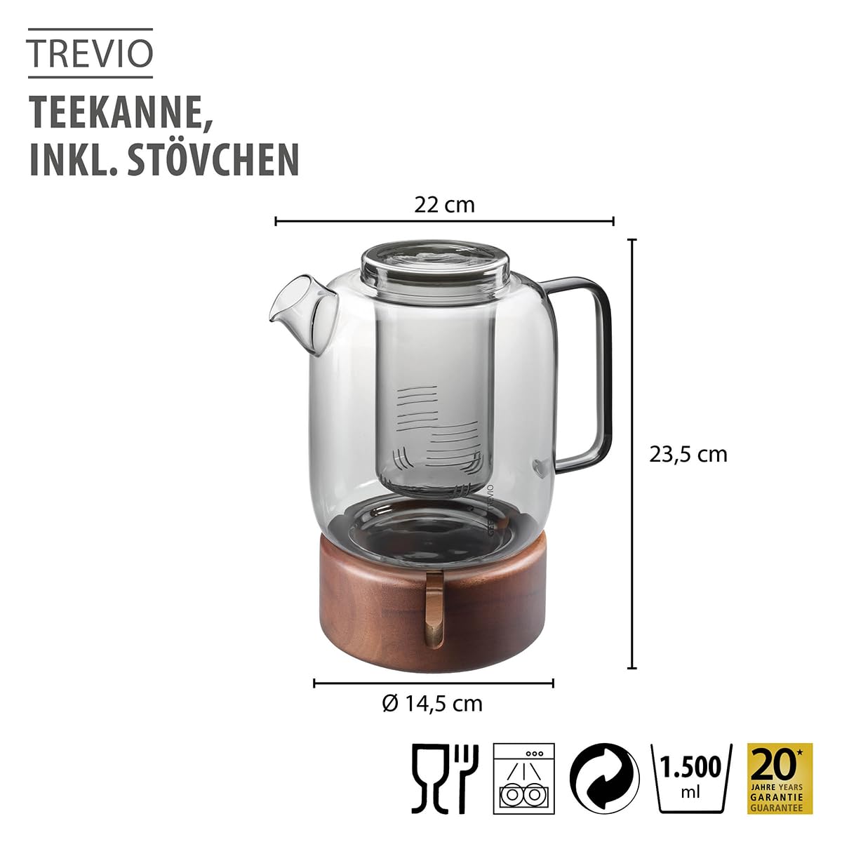 GEFU TREVIO Teekanne 1,5 l inkl. Stövchen – Glaskanne mit Filtereinsatz in Walnussholzoptik