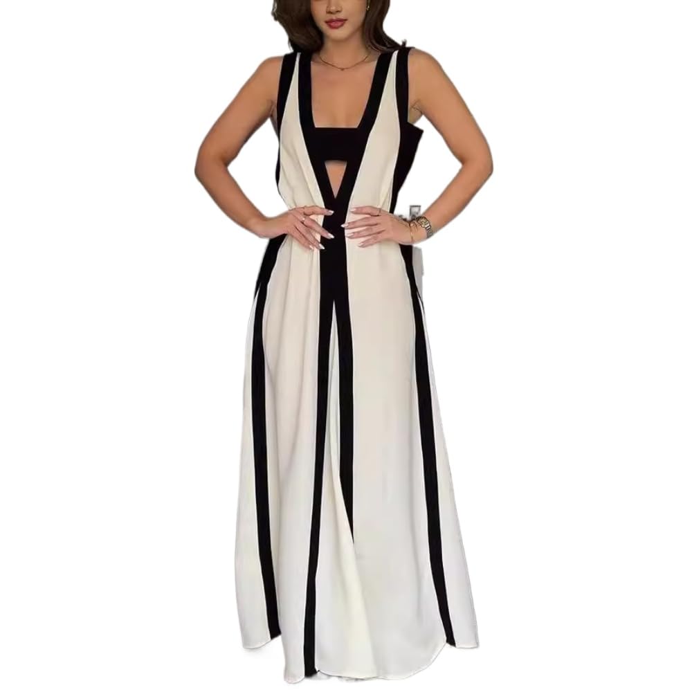 YELLOOP Y2k Summer Long Dresses 2024 Sleeveless Maxi Dress Women V Neck Long Dresses Boho Striped Dresses