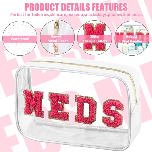 2 Pcs Medicine Chenille Letter Bag Preppy Clear Makeup Meds Bag for Travel Nylon & PVC Transparent Cosmetic Bag Preppy Patch Toiletry Storage for Women Girls White3