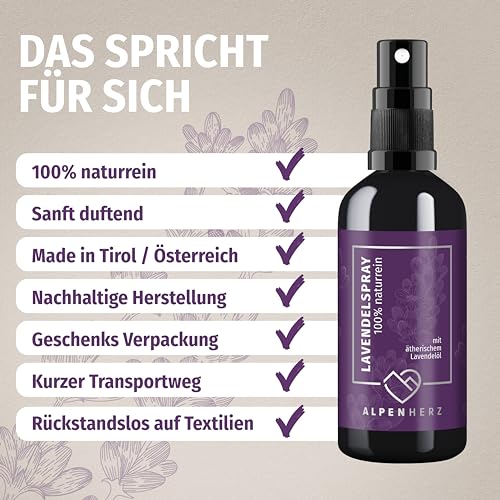 Alpenherz Lavendelspray - 100 ml naturrein mit ätherischem Lavendelöl - für Kopfkissen Raumduft Kissenspray Duftspray Toilette Duftspray Toilette WC Duft Yoga Spray Geschenk