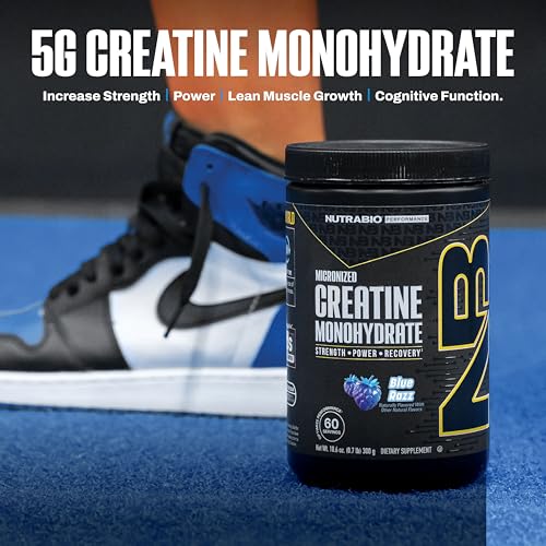 Image of NutraBio Pure Micronized Creatine Monohydrate Powder Supplement, Blue Razz (300 g) - Supports Bulk Muscle Energy, Recovery, and Strength - HPLC Tested Creatine Powder Supplement for Men and Women