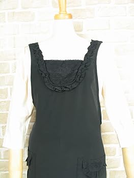 ピアリマーマ　フリル付き黒エプロン エプロン 黒 コシボチリメン たすき掛け フリル付き Lサイズ