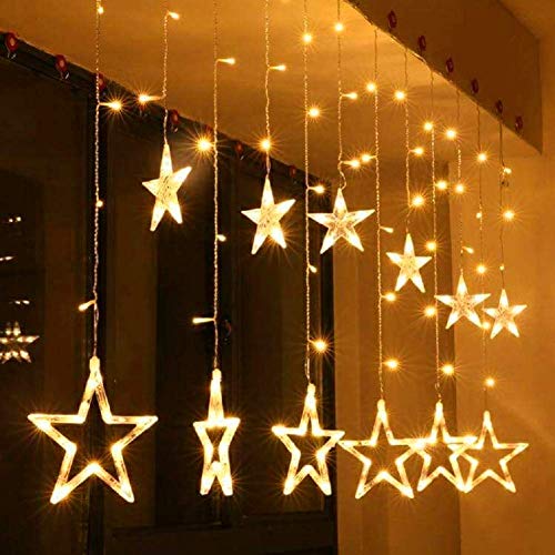 Image of Home Harmony's Christmas 12 Star 138 Pixel LED Curtain String Lights with 8 Flashing Modes for Diwali Home Room Birthday Indoor Outdoor Christmas Decoration, Warm White (Star)