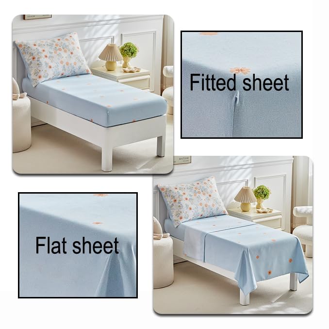 Image of JHXHMX 4 Pieces Toddler Bedding Set,Orange Floral Toddler Comforter Sets for Girls,Soft Crib Bed Sheets Set Includes Quilted Comforter,Fitted Sheet,Flat Top Sheet and Envelope Pillowcase