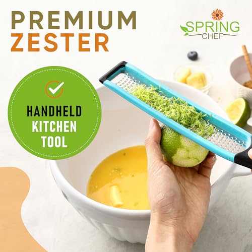 Image of Spring Chef Premium Lemon Zester Grater with Handle - Fruits, Garlic, Chocolate, Ginger Grater - Heavy Duty Kitchen Tool - Stainless Steel Citrus Zester with Blade Cover - Fine Shred - Aqua Sky