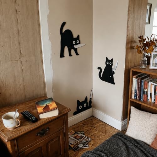Lucky Merit Black Cat Halloween Decor, 3 Pcs Wooden Cat Kitchen Wall Art - image 4
