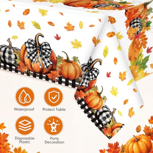 Image of Ganeen 3 Pcs Fall Pumpkin Tablecloth Thanksgiving Orange Pumpkin Maple Leaf Plastic Table Cloth Disposable Buffalo Plaid Table Cover for Fall Autumn Harvest Party Holiday Dining Decor, 108 x 54 Inch