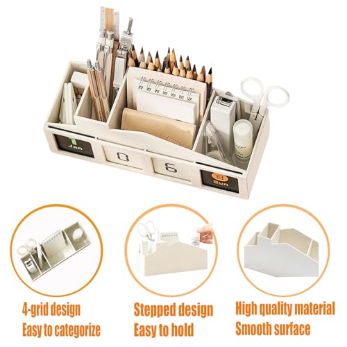Image of Pen Holder for Desk Aesthetic - 4 Compartments Marker Holder,With 365-Day Recurring Calendar Replacementsuitable for Home And Office Decorating, Teacher Organization for Classroom(Black)