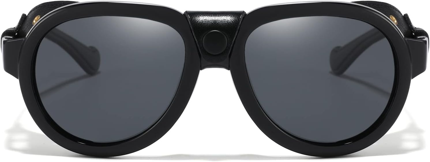 Retro Aviator Steampunk Polarized Sunglasses with Leather Side Shield