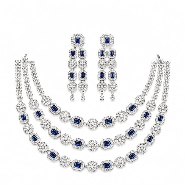 Elegant Crystal & Rhinestone Statement Necklace Set with Chandelier Earrings for Women | Party, Wedding & Bridal Jewelry Set-image-38