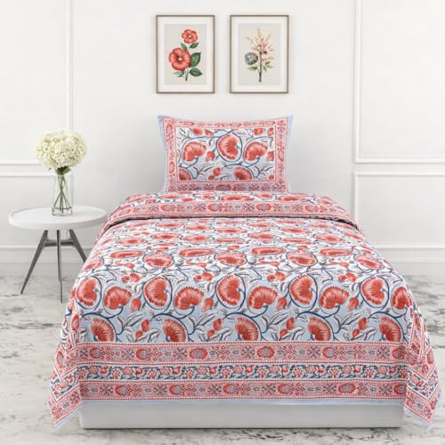 Image of elanorhomes 100% Cotton 240 TC Single Bed Sheet Set | Floral Hand Printed Bedsheet with Pillow Cover | Soft Breathable Fabric for Bedroom | 60x90 Inches (Lotus)
