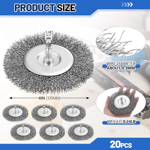 Image of Moxweyeni 20 Pcs 4 Inch Stainless Steel Wire Wheel Brushes for Drill Bits | with 1 /4 Inch Hex Shank and 0.0118 inch Carbon Steel Wire, Fits Power Operated Grinders Rust Removal, Clean Paint and Corrosion