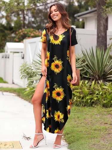 Image of BELAROI Plus Size Maxi Dress for Women Summer Casual V Neck Short Sleeve Long Dress with Pockets Beach Vacation Cover Up
