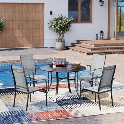 BUPPLEE 5-Piece Outdoor Patio Dining Set - 4 Stackable Texlin Sling Chairs & Steel Round Table, Low-Maintenance Furniture for Backyard/Balcony/Poolside, Includes Umbrella Hole