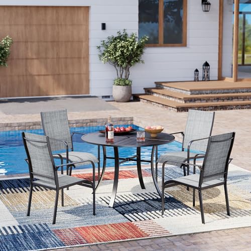 Outdoor Dining Sets With Sling Chairs: Stylish Comfort for Your Patio 4 BUPPLEE 5-Piece Outdoor Patio Dining Set - 4 Stackable Texlin Sling Chairs & Steel Round Table, Low-Maintenance Furniture for Backyard/Balcony/Poolside, Includes Umbrella Hole