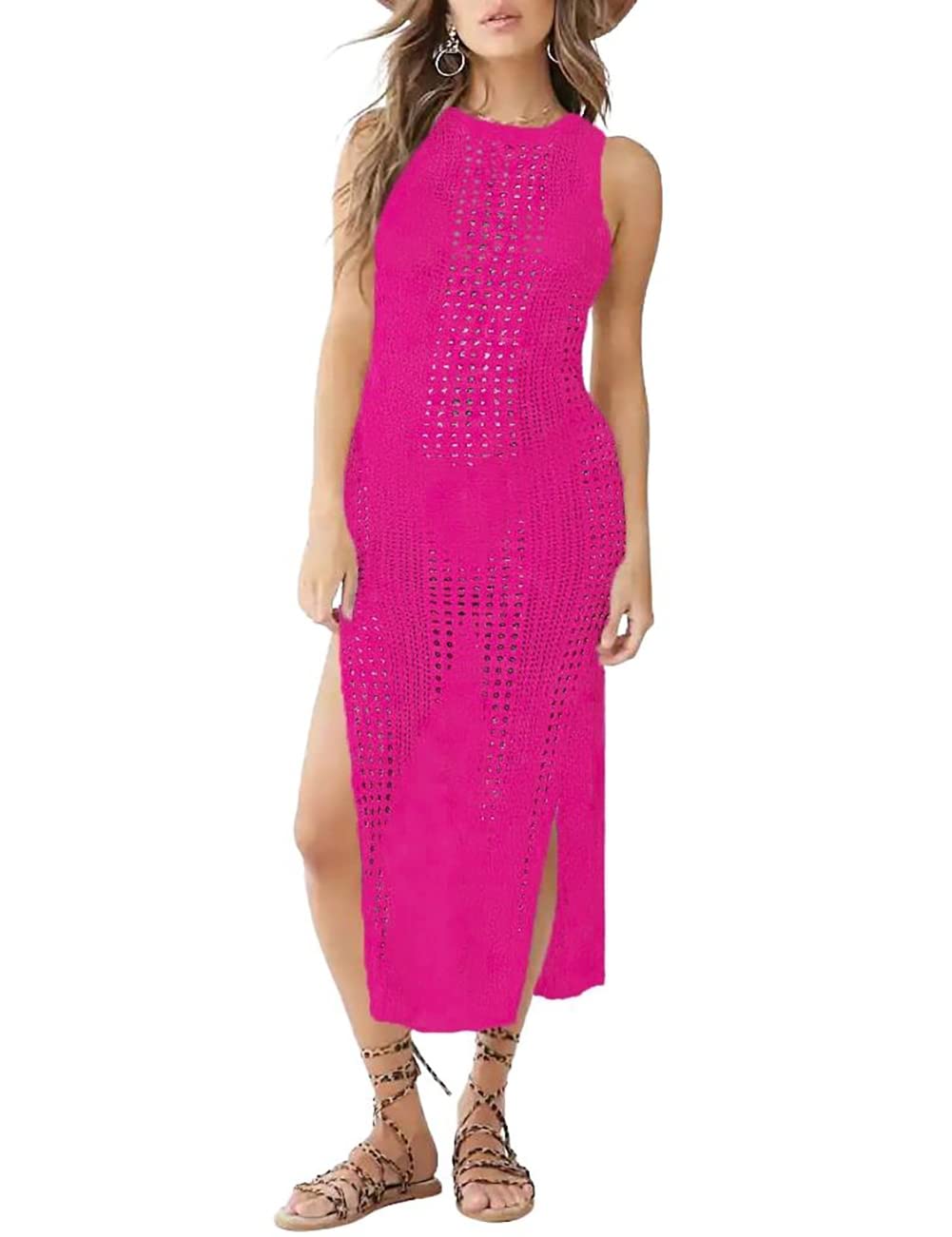 BsubseachWomen Crochet Bikini Cover Ups Summer Scoop Neck Beach Tank Dress