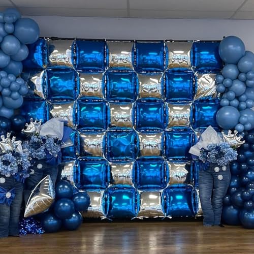 Image of Metallic Navy Blue and Gold,Pearl Blue and Silver Double Sided Square Foil Balloons Wall,19 Inches Blue Chrome Tunnel Arch Kit for 2026 Graduation,Anniversary,Wedding,Birthday Background Decoration