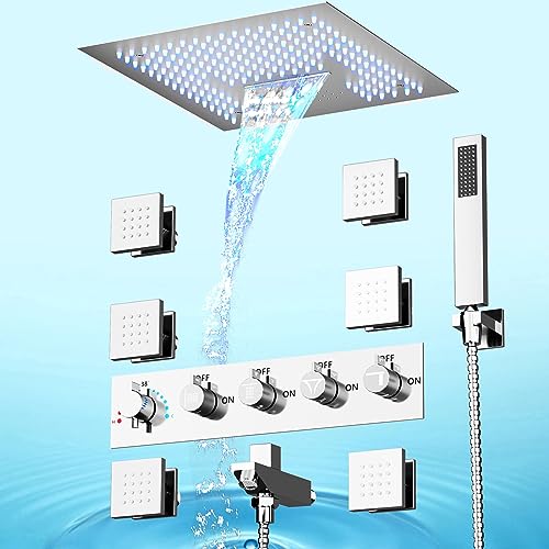 Thermostatic Shower System, 16” Ceiling LED Rain Shower System with Body Jets, Luxury Smart Rainfall Full Body Shower System with Rain Shower and Handheld Can Work Together At Once