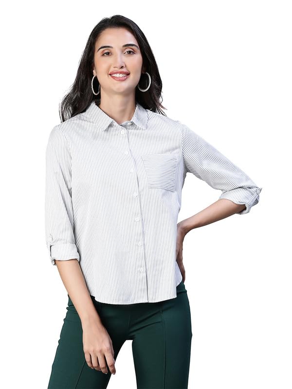 Image of Oxolloxo Women Stripe Print Soild Grey Collared Cotton Shirt