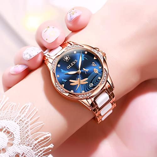 OLEVS Lady Watch Automatic Fashion Bracelet Set Ceramic Analogue Diamond Elegant Dress Stainless Steel Date Rose Gold Wrist Watch for Women