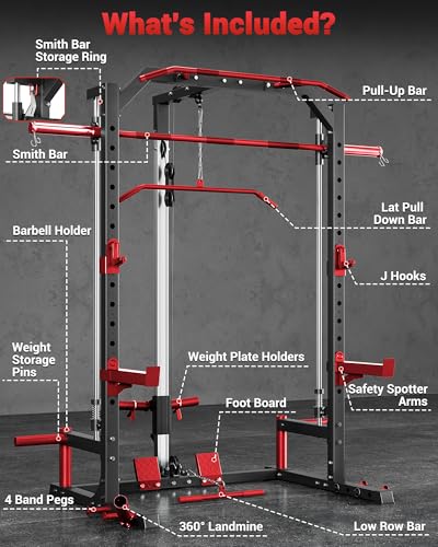 Smith Machine Home Gym with Barbell Bar, Cable System, Lat Pulldown Attachments, Safety Spotter Arms, J Hooks, Landmine, Multi-Functional Squat Rack for Full Body Strength Training