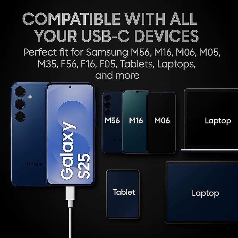 Image of Samsung 25W Original Type C to C 3.3 FT Fast Charging USB C Cable High-Speed & Data Transfer Compatible with Samsung Galaxy M15,F15,A15,A14,M14,F14,M34,F34,A34,A54,S21 Fe 5G,S22,S23 Type-C Cord,White