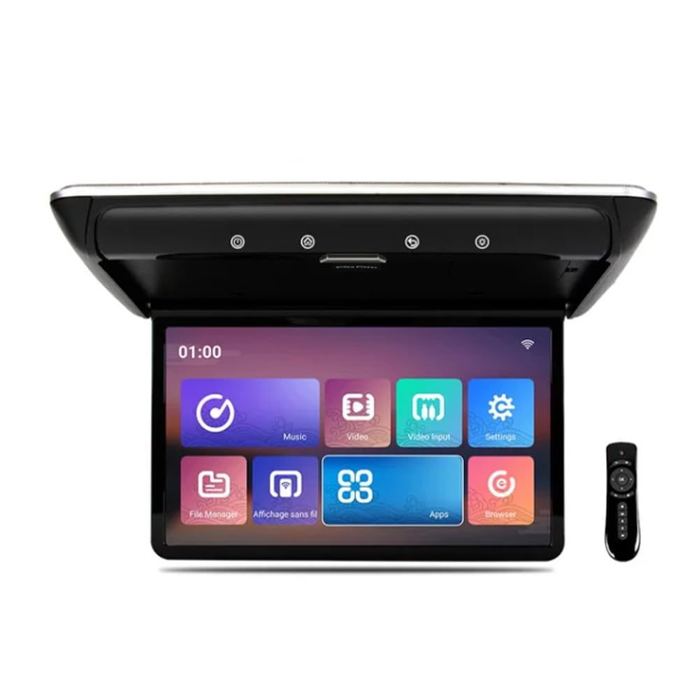 Android Car Overhead Player 15.6 Inch Wide IPS Screen Video Car Roof Mount Monitor with Built-in Stereo Speakers Flip Down Overhead Car Monitor Support Bluetooth WiFi HDMI USB NO DVD?Black-B?