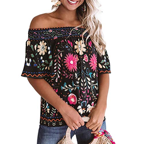 QIYUN.Z Women Bohemian Style Off Shoulder Blouse Short Sleeve Sexy Tops Black M QIYUN.Z Women Bohemian Style Off Shoulder Blouse Short Sleeve Sexy Tops Black M