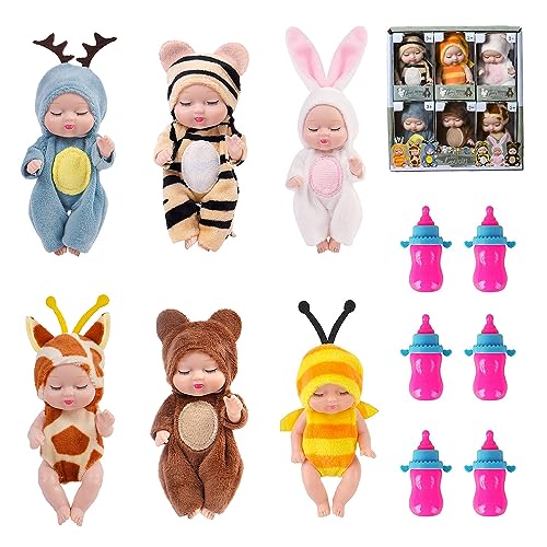 Abiemuce Bambole Set, 6 Pezzi Mini Bambole Reborn con 6 Bottiglie, Mini Bambola Lavabili, Bambola Mini Bebè, Bambole Familiari in Gel di Silice Set per Ragazze Ragazzi Compleanno Natale