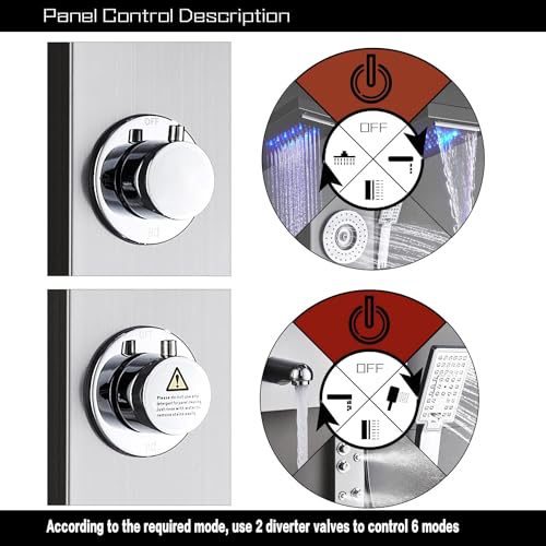 Ello&Allo 6025-F1-04-03-02-S04 Stainless Steel Shower Panel Tower System,Led Rainfall Waterfall Shower Head 6-Function Faucet Rain Massage System thumb #3