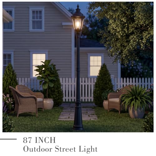 Image of Emliviar 87 Inch Large Street Lamp, 1-Head Outdoor Lamp Post Light with Water Ripple Glass, Black Waterproof Pole Lights for Garden, Pathway, Backyard, Driveway, XE265PL-M-SW BK