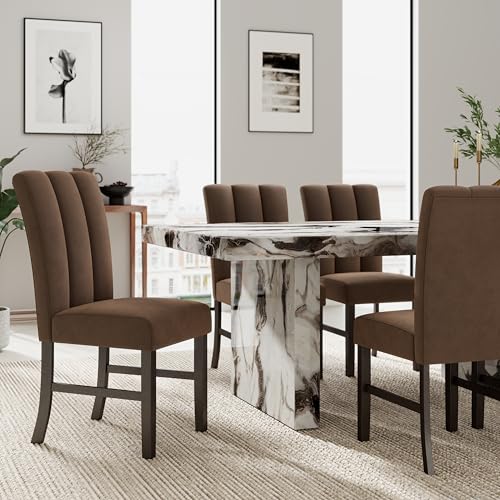 Image of Roundhill Furniture Cavira 7-Piece Modern Faux Marble Dining Set, Double Pedestal Table with 6 Upholstered Chairs
