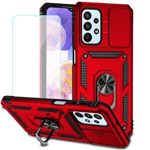 Jhxtech for Galaxy A23/Galaxy M13/Samsung M23 SM-A235M Case with Tempered Glass Screen Protector and Slide Camera Cover, Magnetic Ring Car Mount Holder Protective Cover for Samsung Galaxy A23 4G Red
